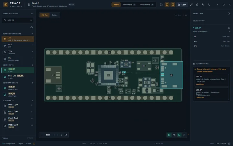 TRACE Boardviewer: KiCad board with the selected net highlighted and its connected parts listed