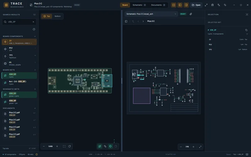 TRACE Boardviewer: board and schematic side by side, the selected part found on the schematic