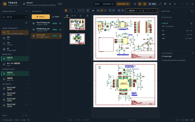 TRACE Boardviewer: plotted schematic PDF with text search, references linked to board parts