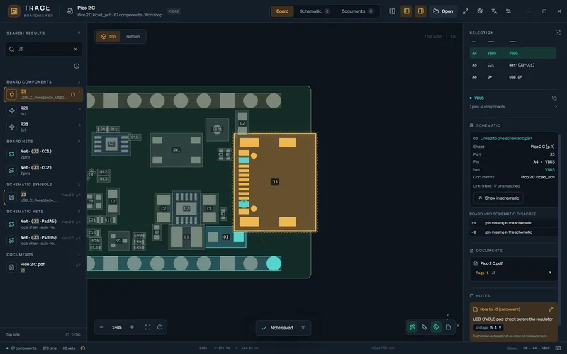 TRACE Boardviewer: pin notes with measured voltage and resistance values