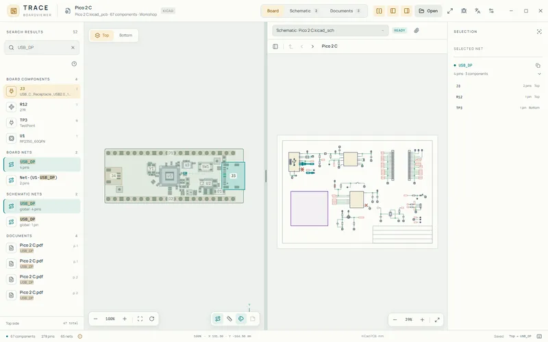 TRACE Boardviewer in the light theme with board and schematic side by side