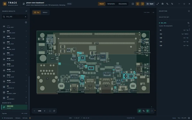 Boardview of a 28 MB KiCad PCB in TRACE: the Antmicro Jetson Nano baseboard with the 3V3_SYS net highlighted across the board