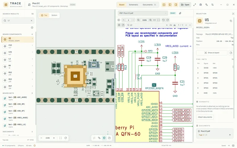 Part U1 selected on a KiCad board and found in the plotted schematic PDF, references linked to board parts, light theme