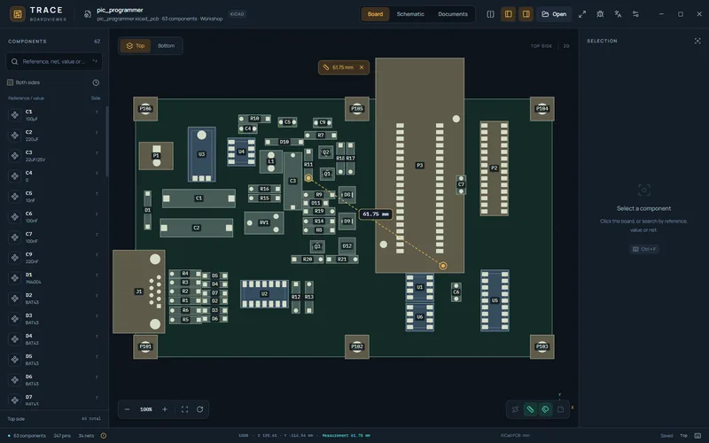 Two-point measurement in millimetres on the KiCad 9 demo board pic_programmer in TRACE