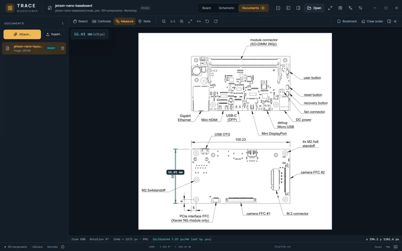 Image viewer in TRACE: a layout drawing calibrated on a 100.23 mm dimension, the 55 mm board height measured as 55.01 mm