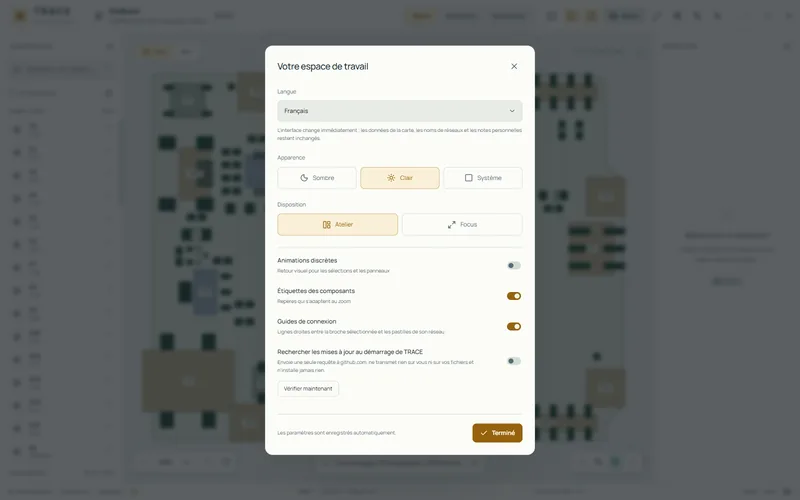 TRACE Boardviewer Settings with the interface in French, light theme, Workshop and Focus layouts