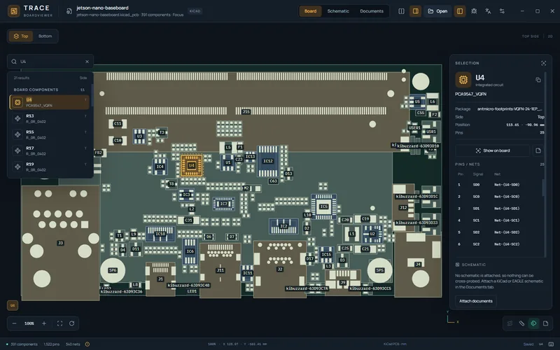 Focus layout in TRACE: the Jetson Nano board fills the window, with a floating search and inspector