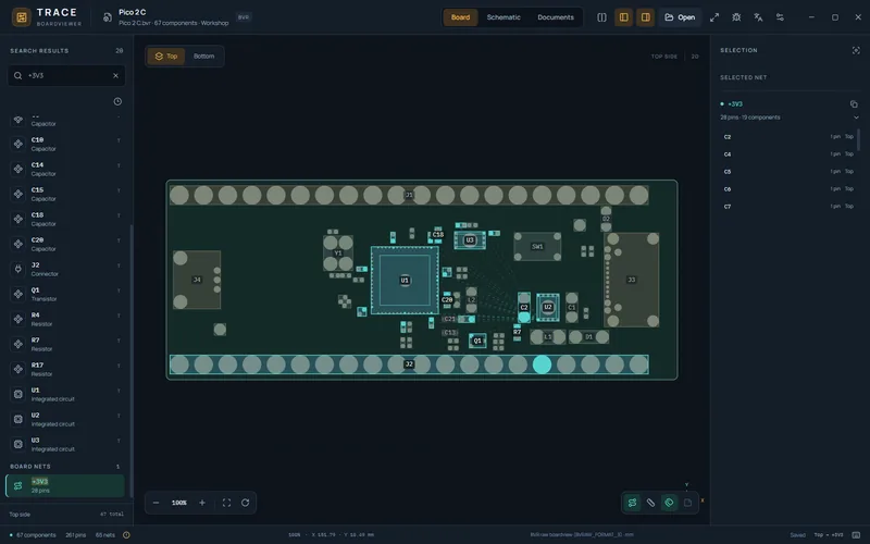 BVR boardview (BVRAW_FORMAT_3) of the Pico 2 C open in TRACE with the +3V3 net highlighted